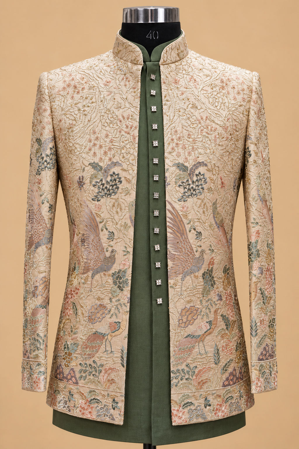 Beige embroidered sherwani jacket with contrasting olive green kurta