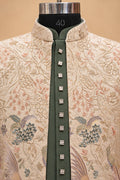 Multicolour floral motifs on beige Indo-Western sherwani jacket