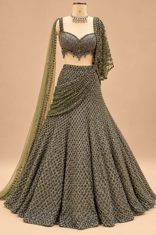 Premium Olive Green Embellished Lehenga with Intricate Sequin Work, Designer Blouse and Sheer Dupatta