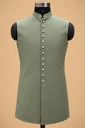 Open-front beige Indo-Western jacket with olive green trousers