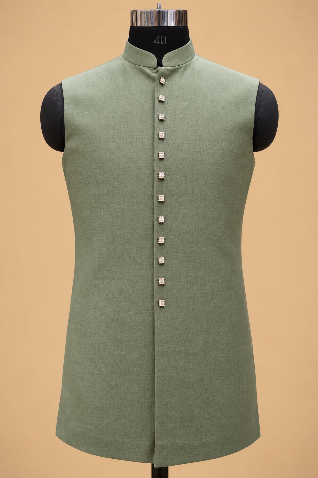 Open-front beige Indo-Western jacket with olive green trousers
