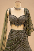 Premium Olive Green Embellished Lehenga with Intricate Sequin Work, Designer Blouse and Sheer Dupatta