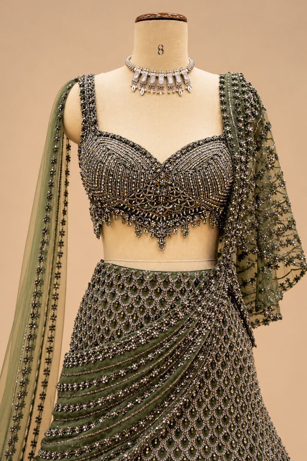 Premium Olive Green Embellished Lehenga with Intricate Sequin Work, Designer Blouse and Sheer Dupatta