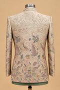 Mandarin collar and floral embroidery on beige sherwani jacket