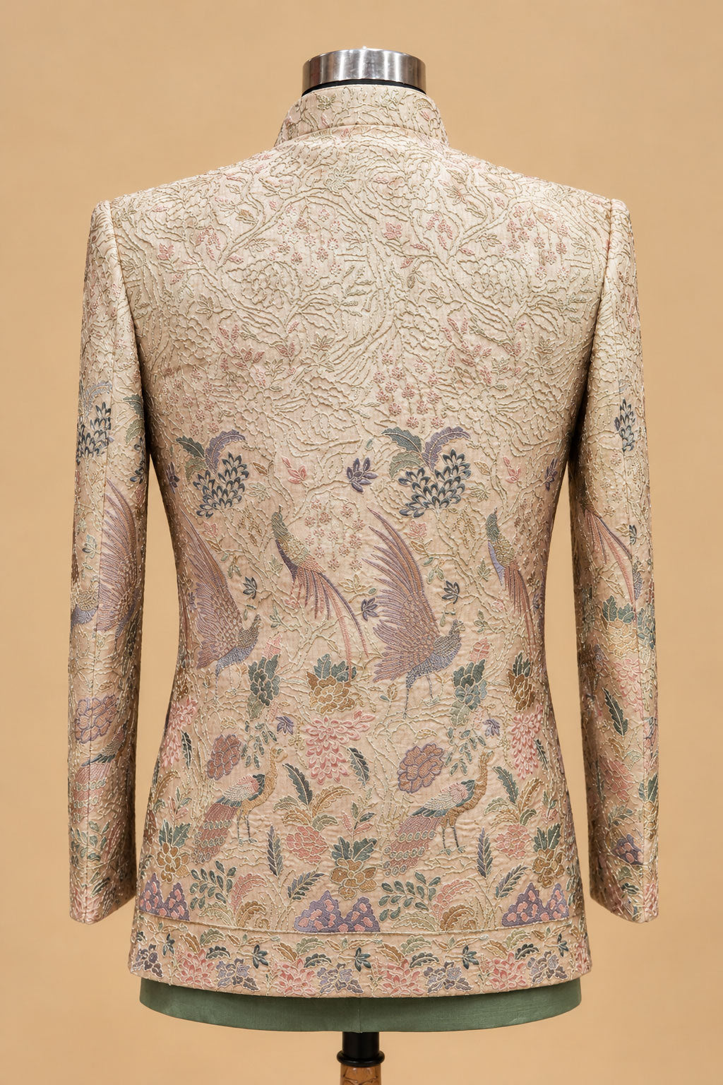 Mandarin collar and floral embroidery on beige sherwani jacket