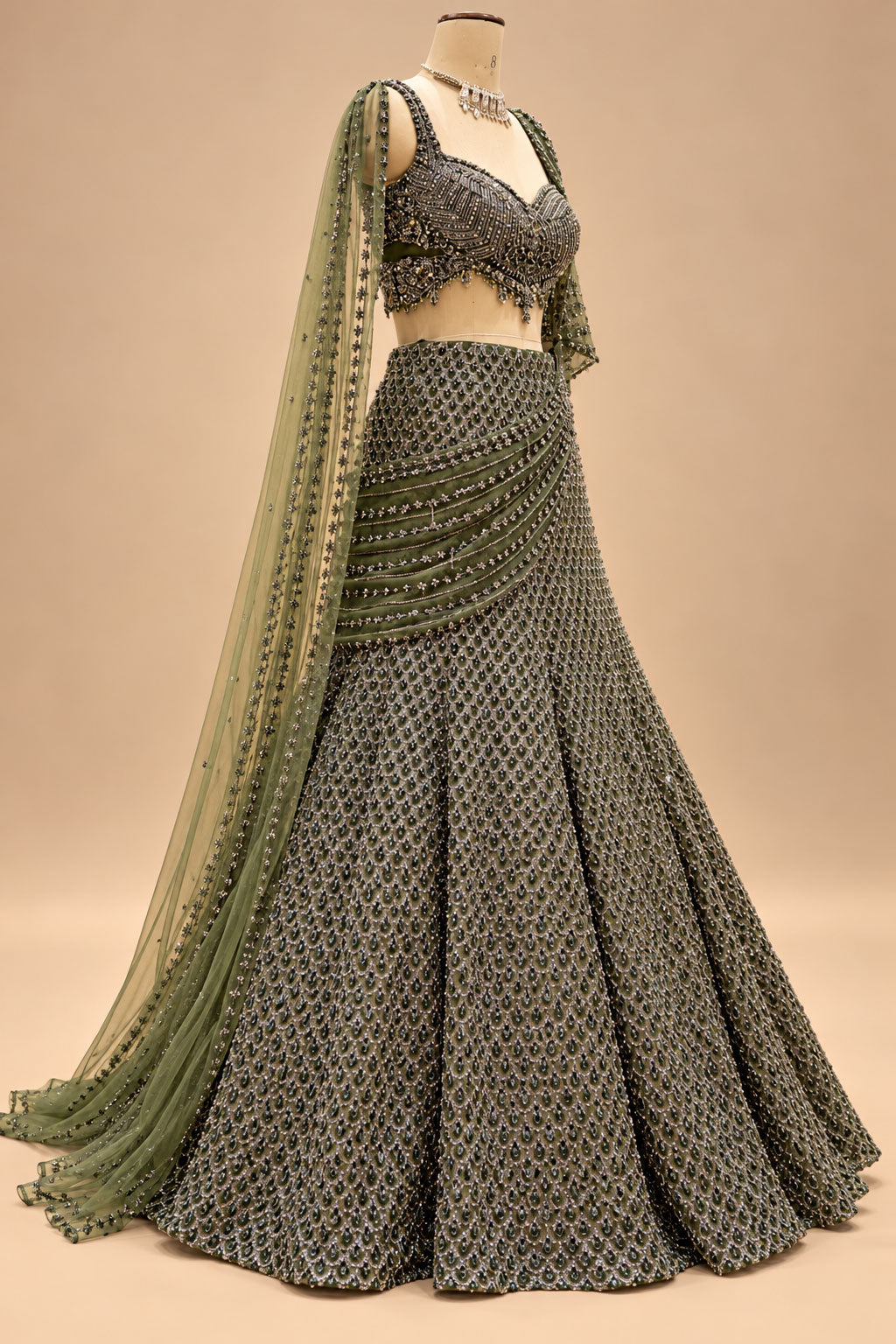 Premium Olive Green Embellished Lehenga with Intricate Sequin Work, Designer Blouse and Sheer Dupatta