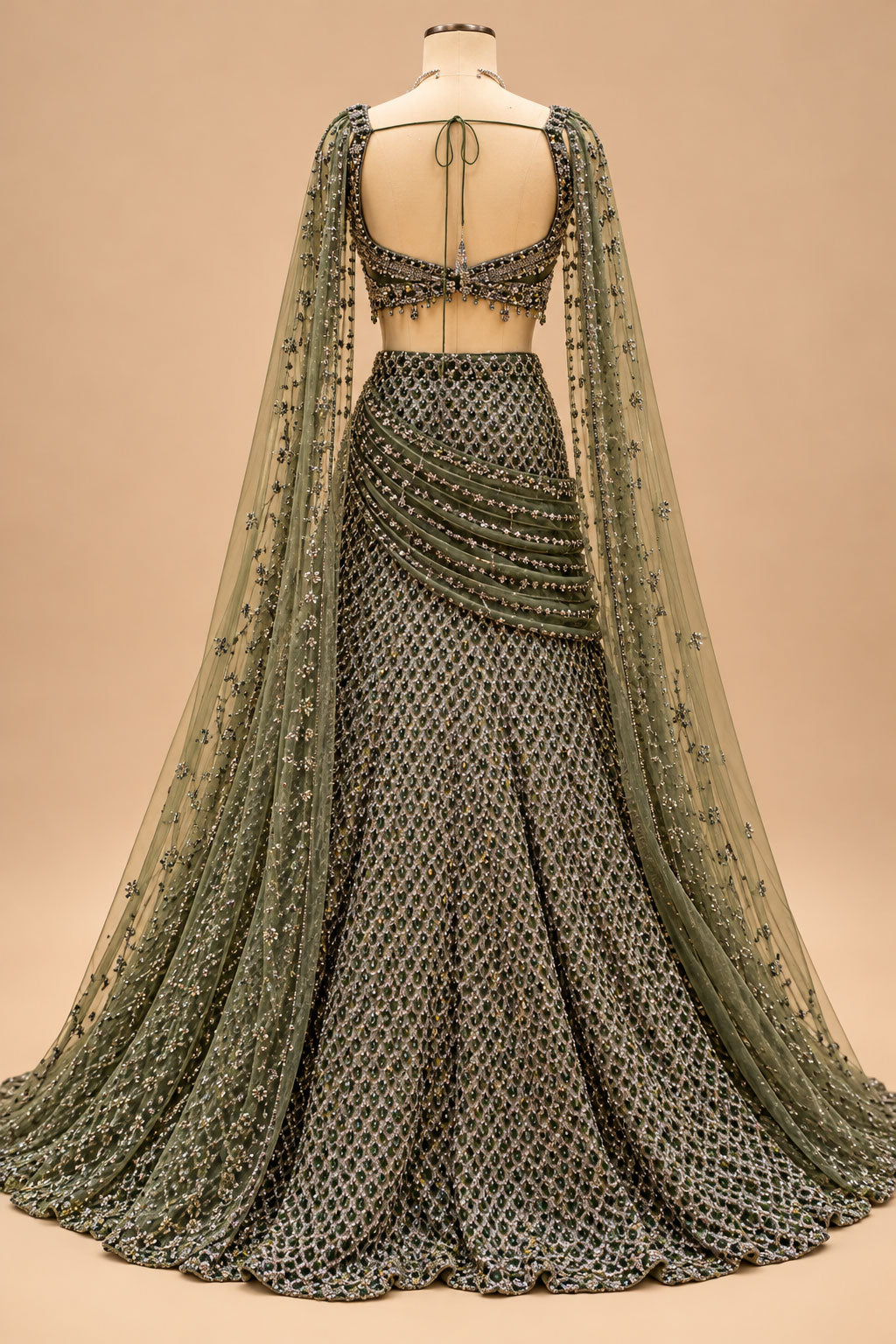 Premium Olive Green Embellished Lehenga with Intricate Sequin Work, Designer Blouse and Sheer Dupatta