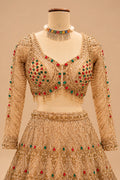 Luxury Champagne Gold Bridal Lehenga with Red & Emerald Green Embellishments, Heavy Embroidery and Designer Dupatta