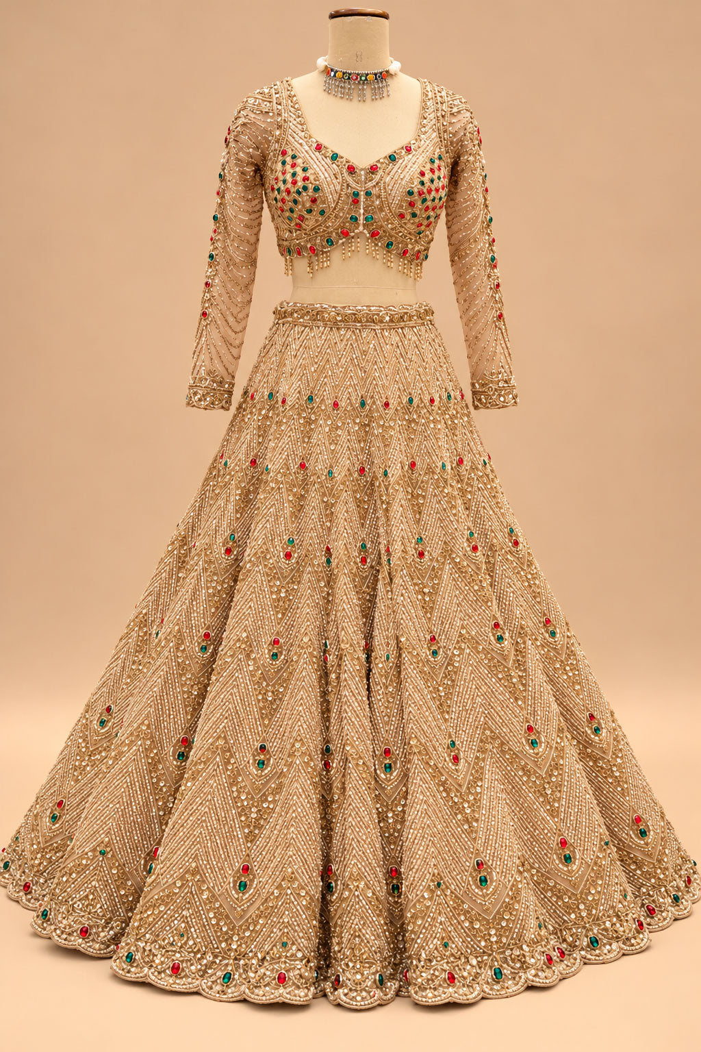 Luxury Champagne Gold Bridal Lehenga with Red & Emerald Green Embellishments, Heavy Embroidery and Designer Dupatta