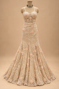 Premium Champagne Beige Floral Embroidered Mermaid Gown with Cape for Women – product view 2