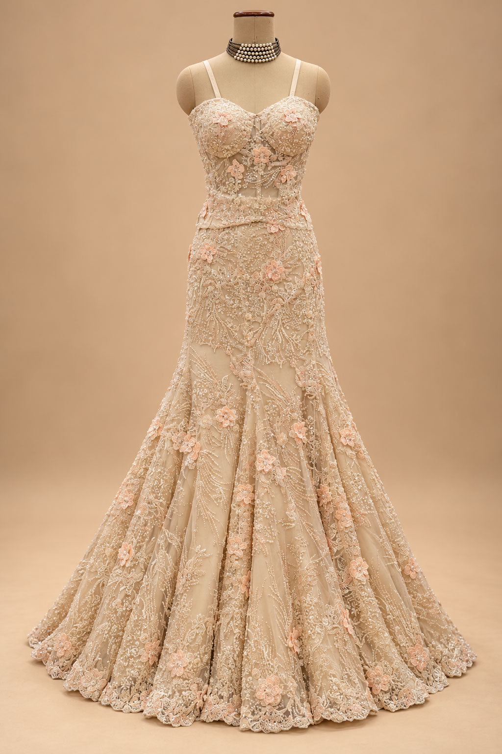 Premium Champagne Beige Floral Embroidered Mermaid Gown with Cape for Women – product view 2