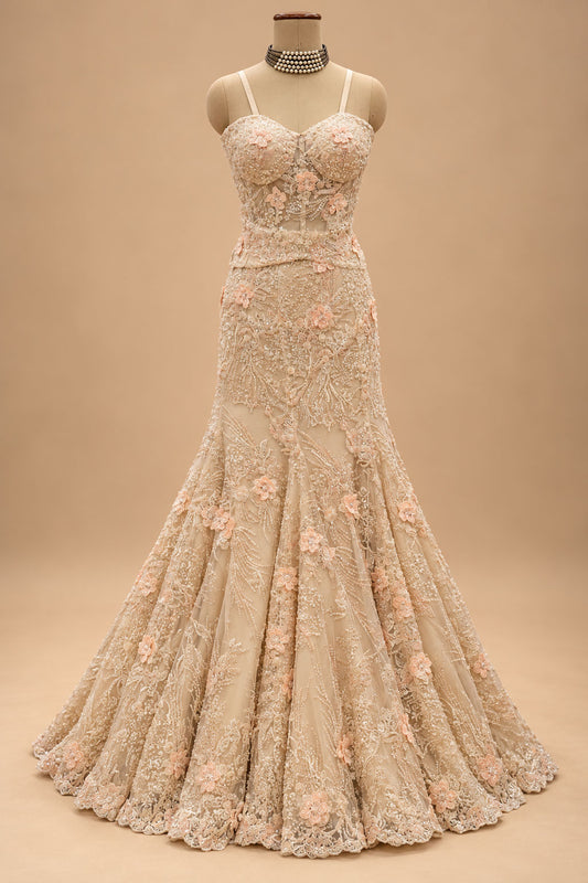 Premium Champagne Beige Floral Embroidered Mermaid Gown with Cape for Women – product view 2