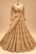 Luxury Champagne Gold Bridal Lehenga with Red & Emerald Green Embellishments, Heavy Embroidery and Designer Dupatta