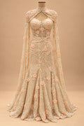 Premium Champagne Beige Floral Embroidered Mermaid Gown with Cape for Women – product view 3