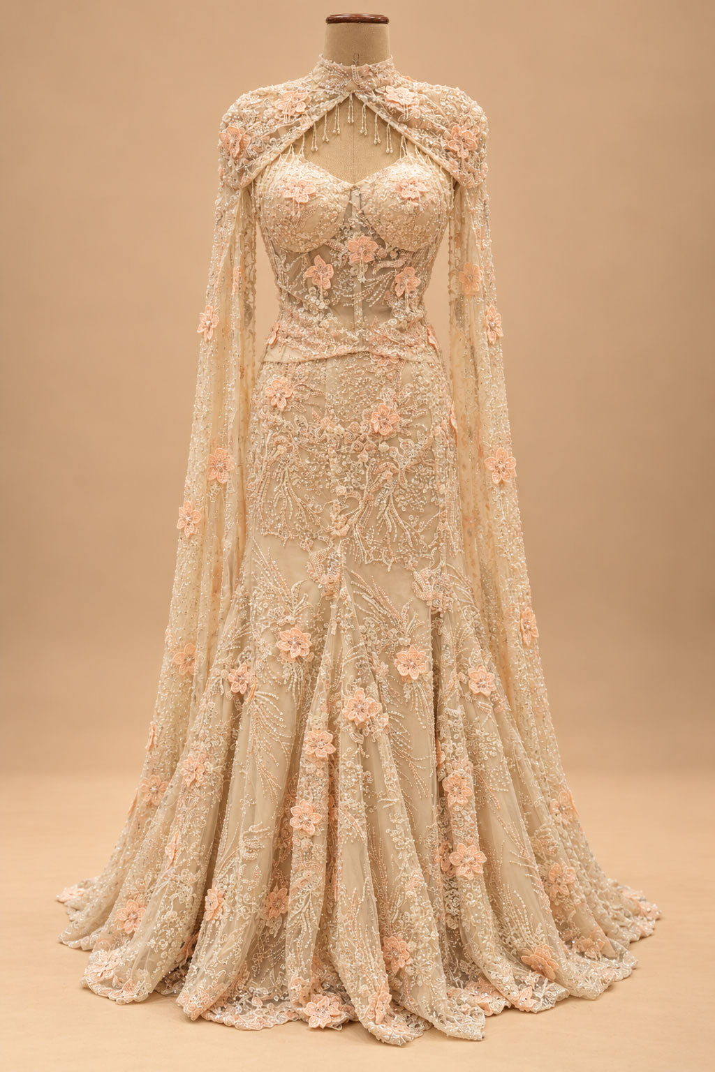 Premium Champagne Beige Floral Embroidered Mermaid Gown with Cape for Women – product view 3