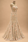 Premium Champagne Beige Floral Embroidered Mermaid Gown with Cape for Women – product view 4