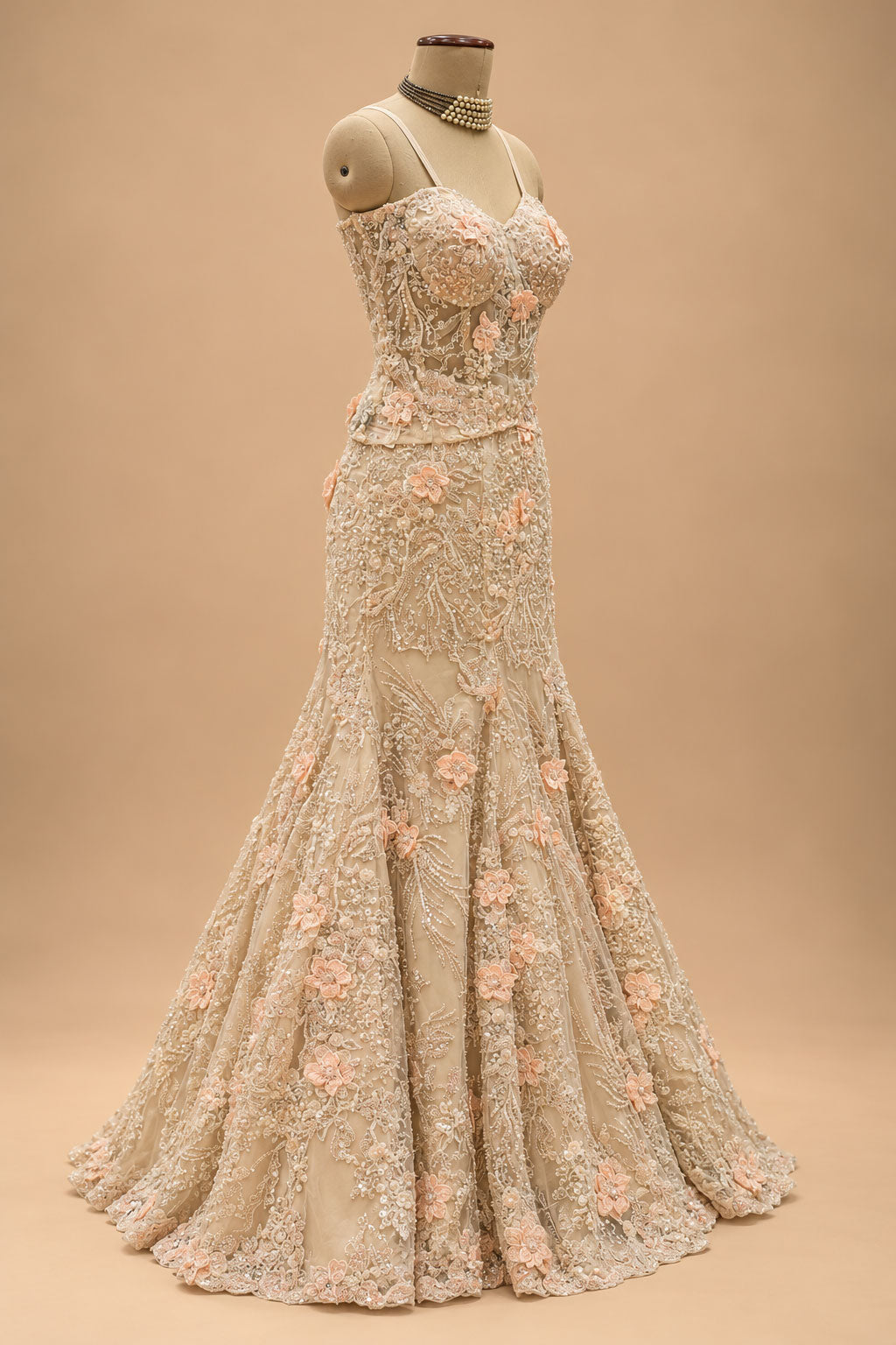 Premium Champagne Beige Floral Embroidered Mermaid Gown with Cape for Women – product view 4