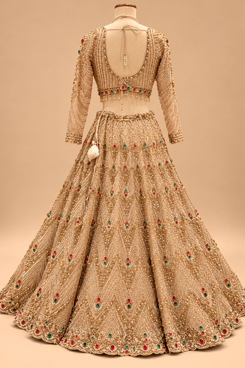 Luxury Champagne Gold Bridal Lehenga with Red & Emerald Green Embellishments, Heavy Embroidery and Designer Dupatta