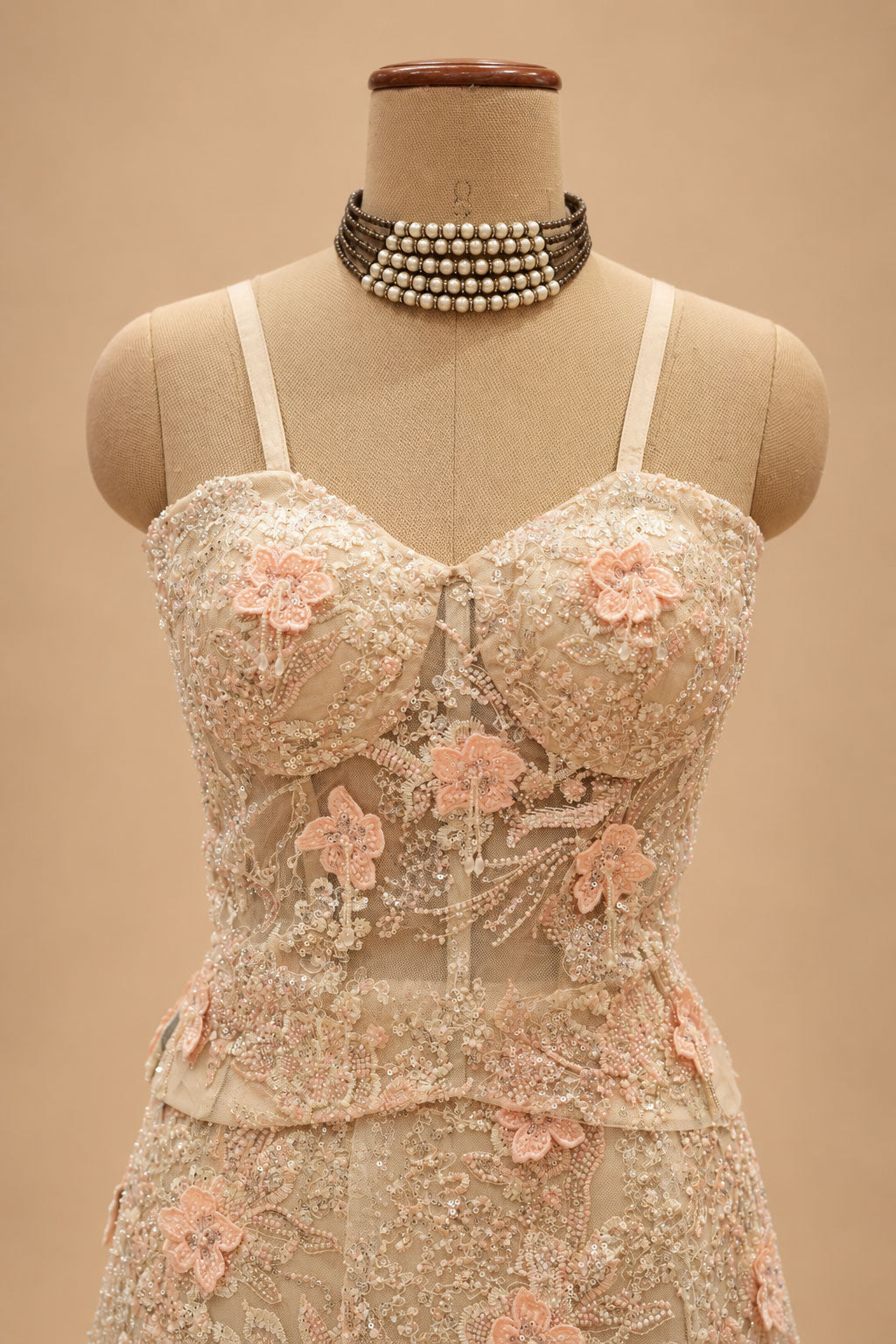 Premium Champagne Beige Floral Embroidered Mermaid Gown with Cape for Women – product view 5