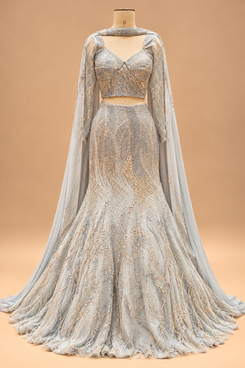 Luxury Silver Grey Mermaid Bridal Lehenga with Gold Embroidery, Designer Full-Sleeve Blouse and Flowing Dupatta