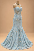 Premium Ice Blue Floral Embroidered Mermaid Gown with Sheer Cape for Women – product view 3
