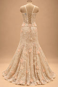 Premium Champagne Beige Floral Embroidered Mermaid Gown with Cape for Women – product view 6
