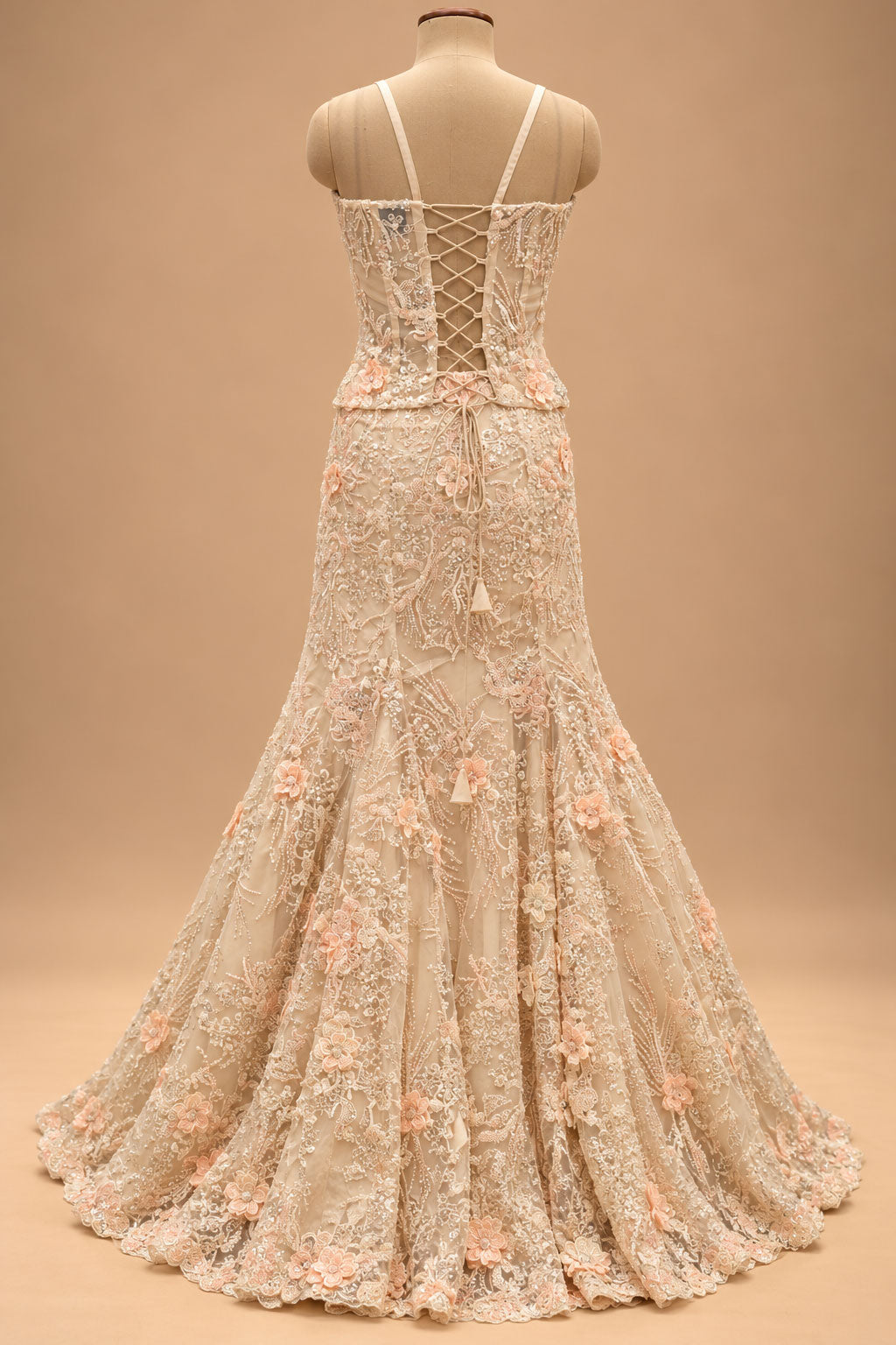 Premium Champagne Beige Floral Embroidered Mermaid Gown with Cape for Women – product view 6