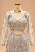 Luxury Silver Grey Mermaid Bridal Lehenga with Gold Embroidery, Designer Full-Sleeve Blouse and Flowing Dupatta