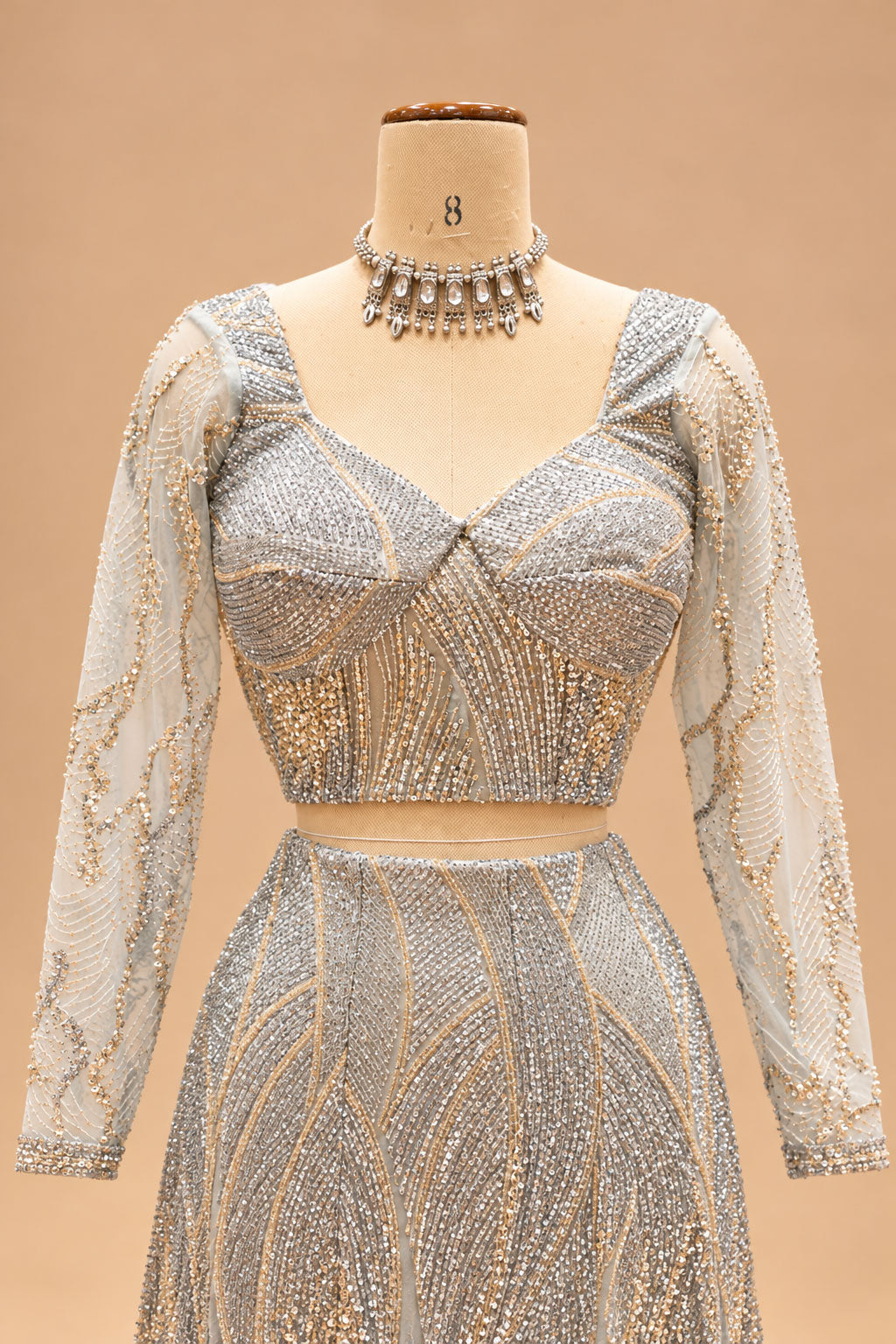 Luxury Silver Grey Mermaid Bridal Lehenga with Gold Embroidery, Designer Full-Sleeve Blouse and Flowing Dupatta