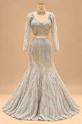 Luxury Silver Grey Mermaid Bridal Lehenga with Gold Embroidery, Designer Full-Sleeve Blouse and Flowing Dupatta
