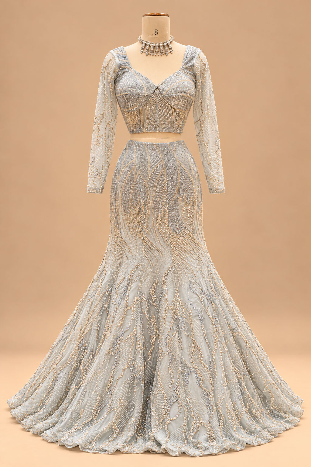 Luxury Silver Grey Mermaid Bridal Lehenga with Gold Embroidery, Designer Full-Sleeve Blouse and Flowing Dupatta