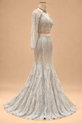 Luxury Silver Grey Mermaid Bridal Lehenga with Gold Embroidery, Designer Full-Sleeve Blouse and Flowing Dupatta