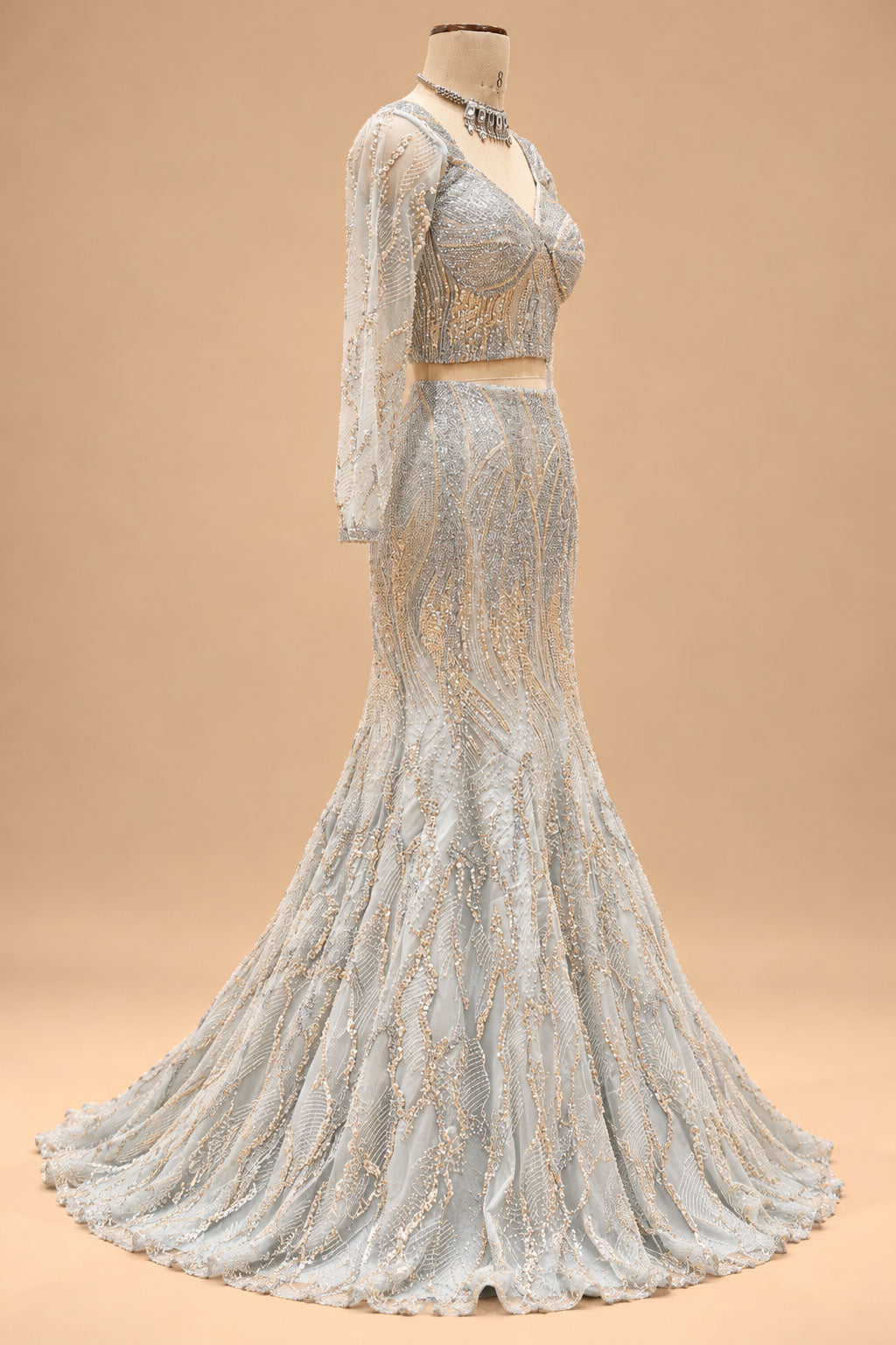 Luxury Silver Grey Mermaid Bridal Lehenga with Gold Embroidery, Designer Full-Sleeve Blouse and Flowing Dupatta
