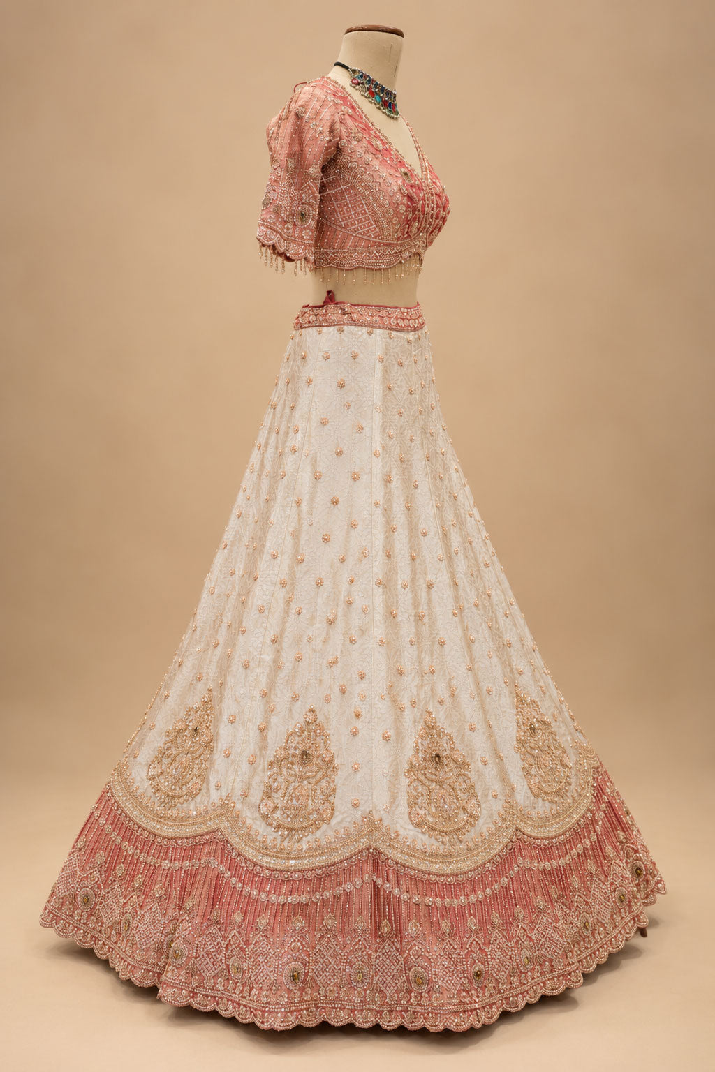 Premium Coral Peach and Ivory Bridal Lehenga with Intricate Embroidery and Dupatta – product view 4