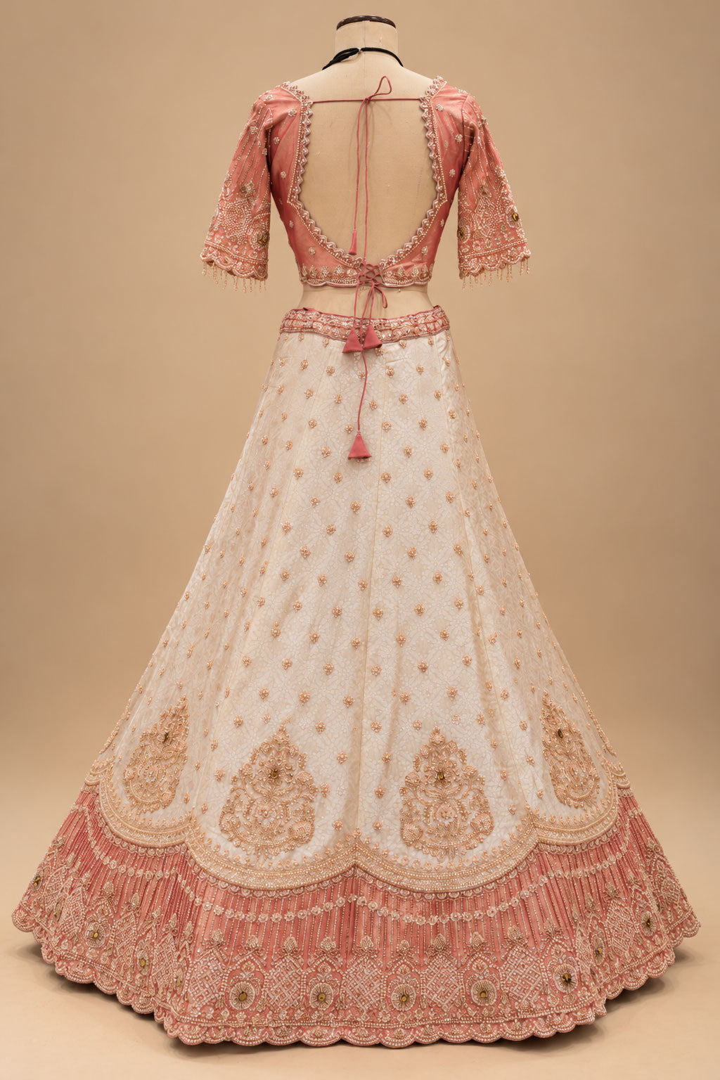 Premium Coral Peach and Ivory Bridal Lehenga with Intricate Embroidery and Dupatta – product view 5