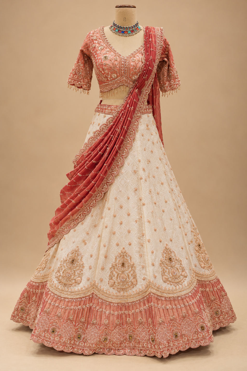Premium Coral Peach and Ivory Bridal Lehenga with Intricate Embroidery and Dupatta – product view 6