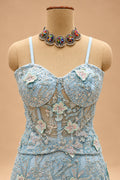 Premium Ice Blue Floral Embroidered Mermaid Gown with Sheer Cape for Women – product view 4