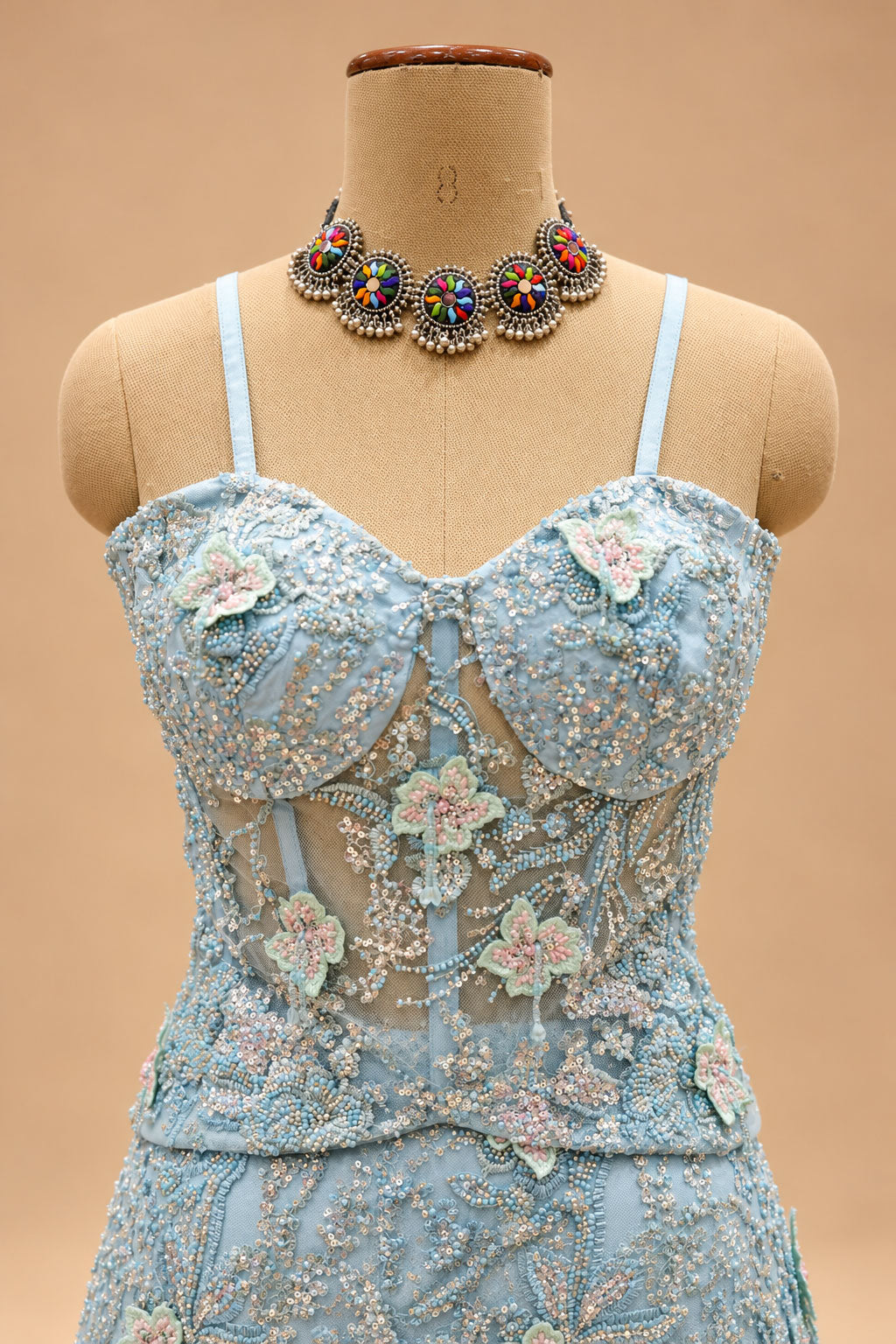 Premium Ice Blue Floral Embroidered Mermaid Gown with Sheer Cape for Women – product view 4