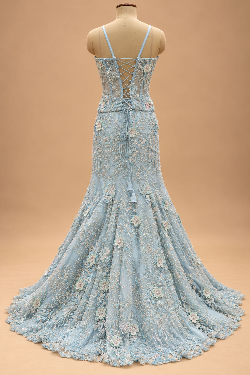 Premium Ice Blue Floral Embroidered Mermaid Gown with Sheer Cape for Women – product view 5