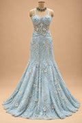 Premium Ice Blue Floral Embroidered Mermaid Gown with Sheer Cape for Women – product view 6