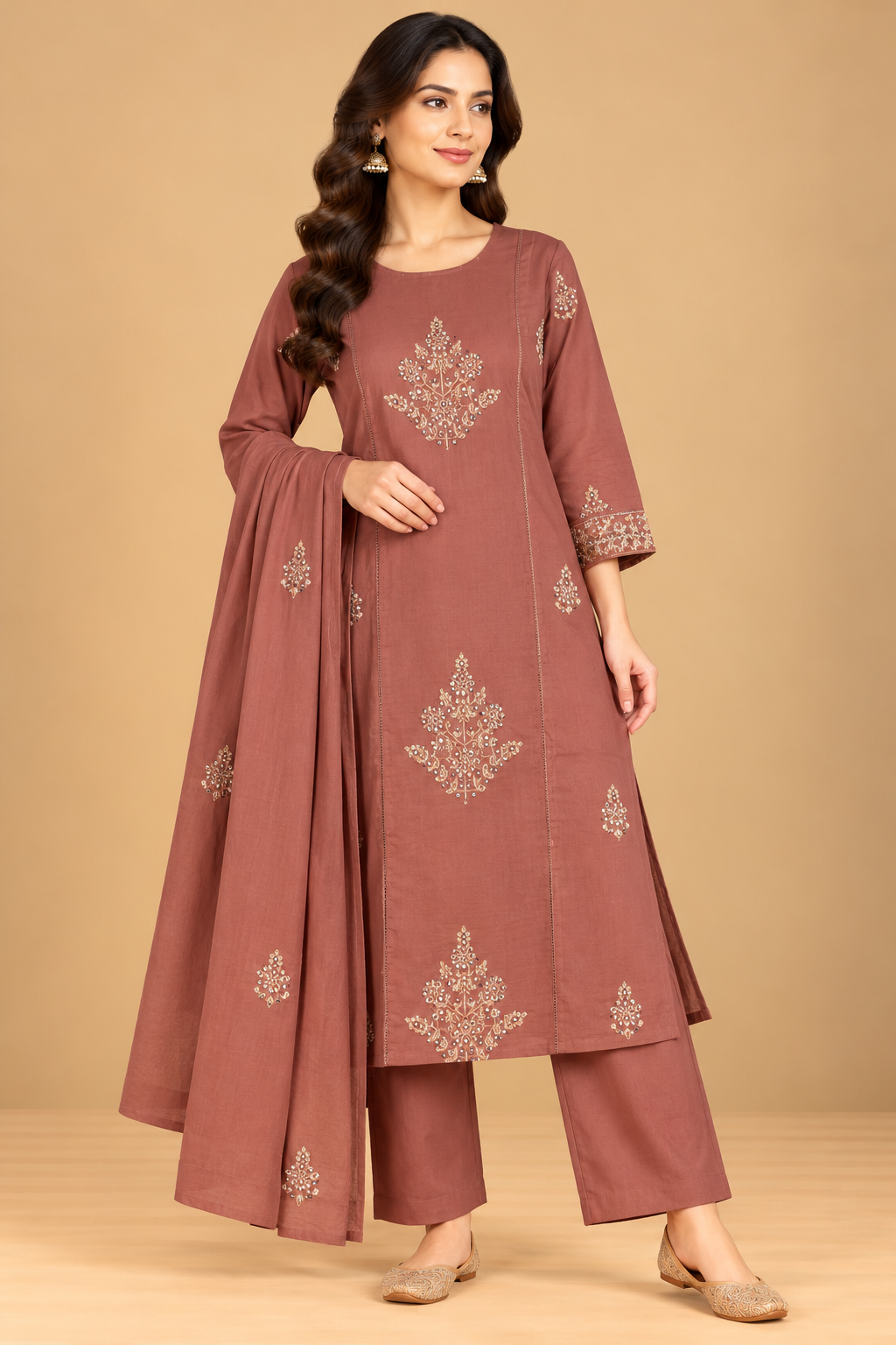 Dusty Mauve Embroidered Straight Kurta Palazzo Set with Dupatta for Women
