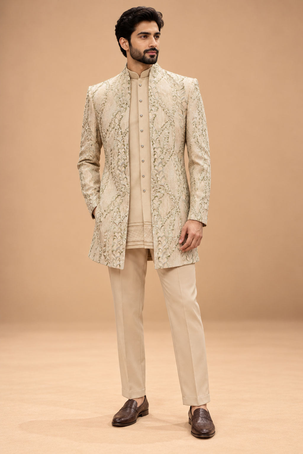 Beige Floral Embroidered Indo-Western Sherwani Set for Men with Kurta & Trousers – product view 1