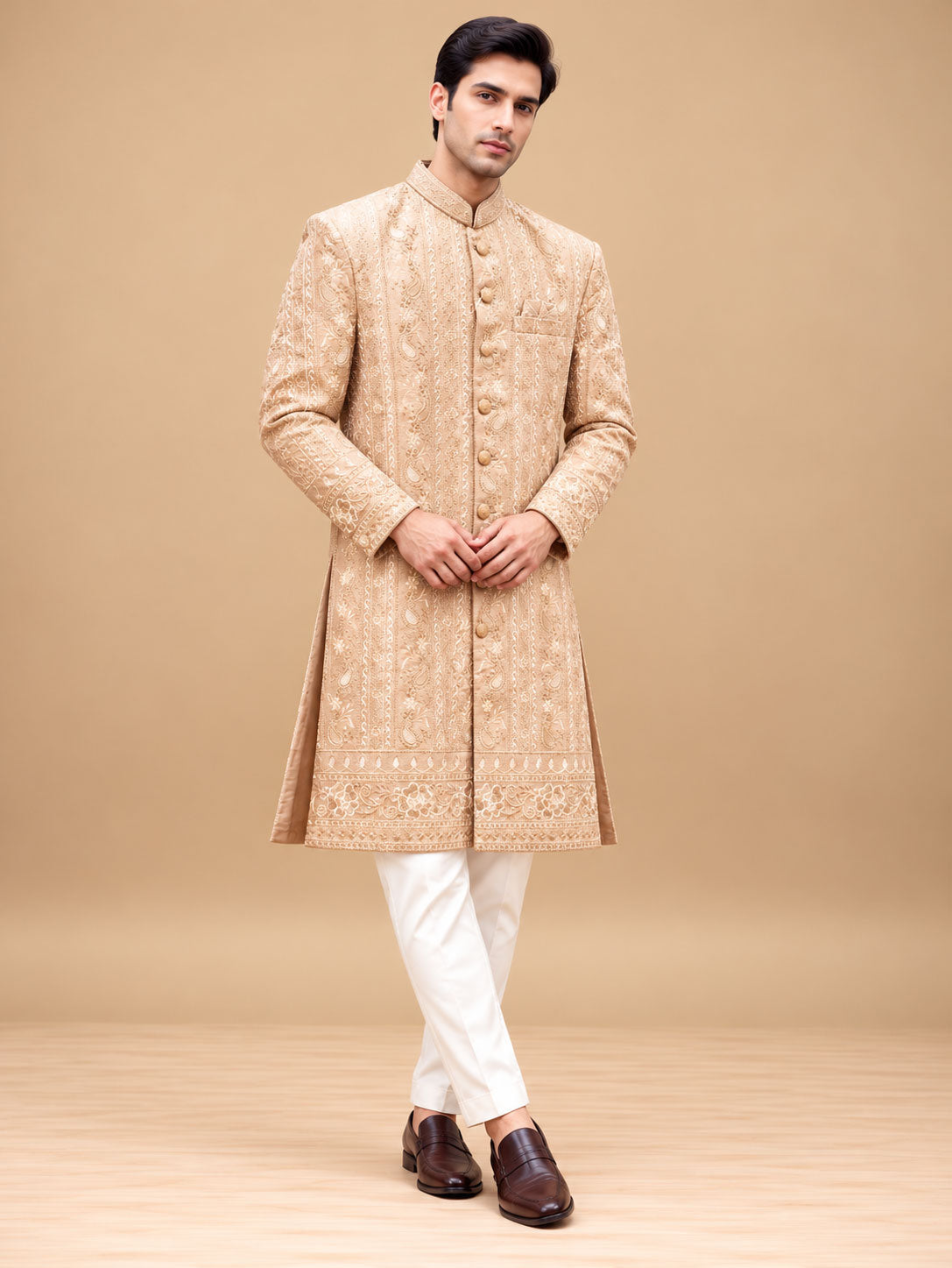 Premium Champagne Beige Sherwani with Intricate Paisley Embroidery for Men – product view 1