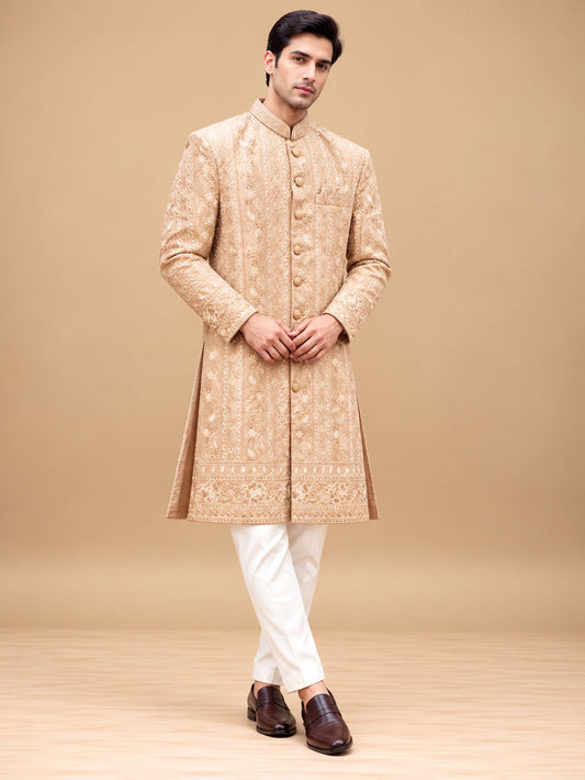 Premium Champagne Beige Sherwani with Intricate Paisley Embroidery for Men – product view 1