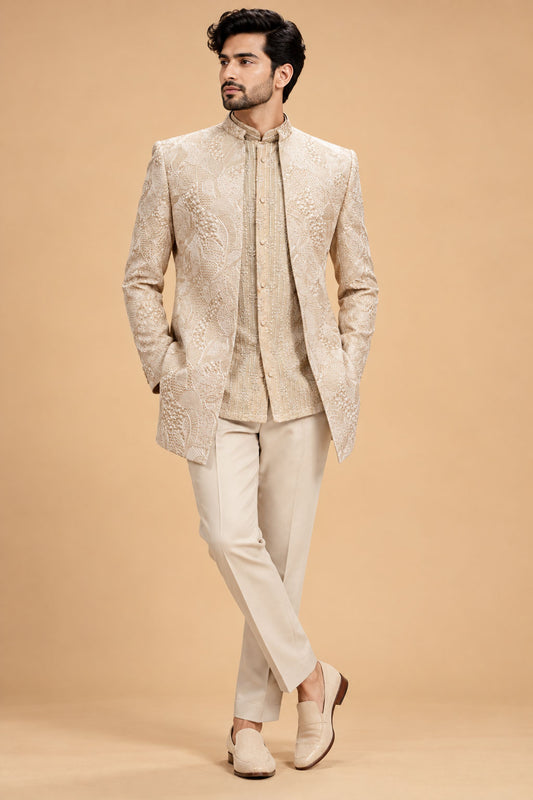 Men's Premium Beige Embroidered Indo-Western Sherwani Set for Weddings