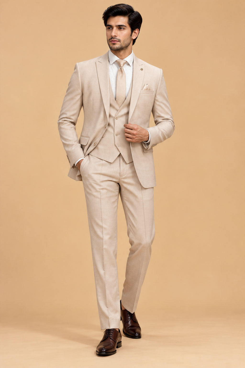 Premium Beige Men's Three-Piece Formal Suit with Tailored Blazer, Waistcoat & Matching Trousers