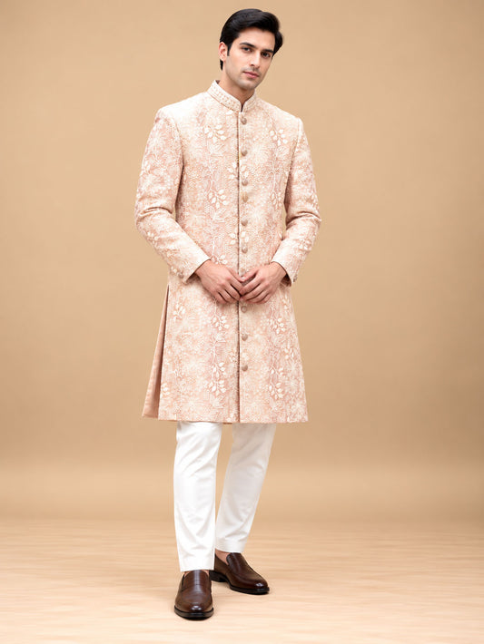 Premium Blush Peach Sherwani with Intricate Floral Embroidery for Men – product view 1
