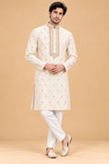 Premium Ivory Men's Kurta Pyjama Set with Gold Geometric Pattern and Embroidered Neckline