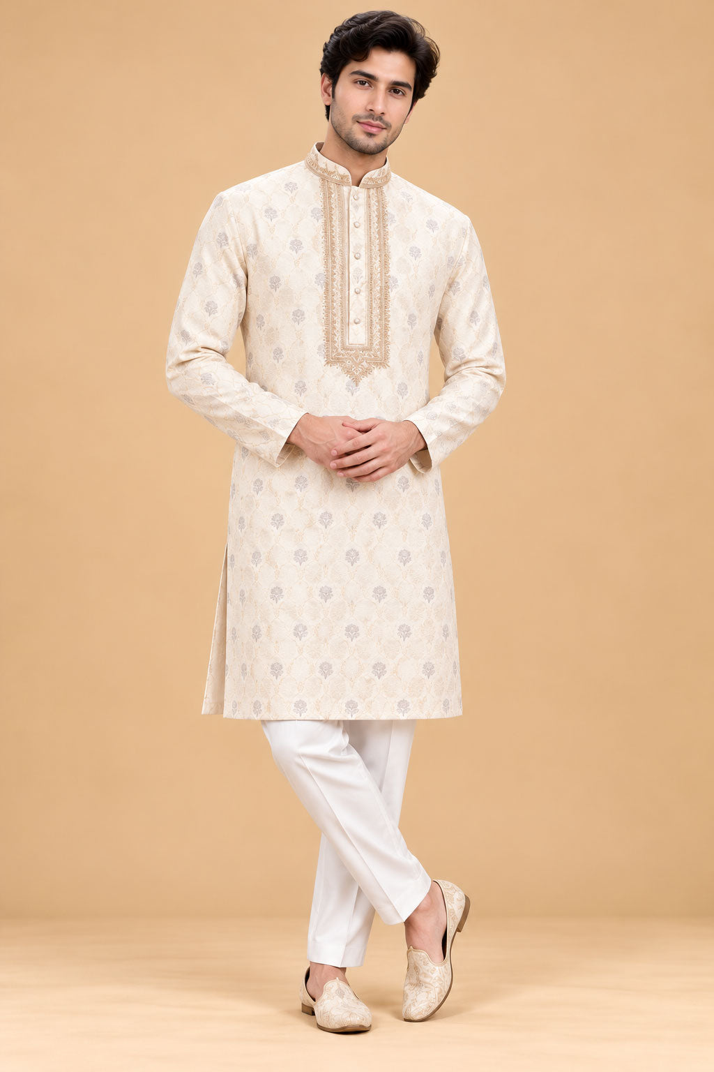 Premium Ivory Men's Kurta Pyjama Set with Gold Geometric Pattern and Embroidered Neckline