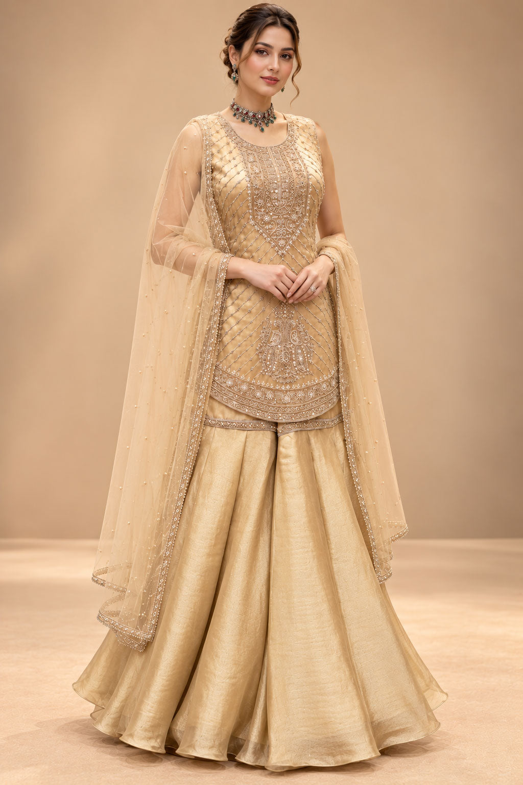 Elegant Champagne Gold Embroidered Sharara Set with Matching Dupatta